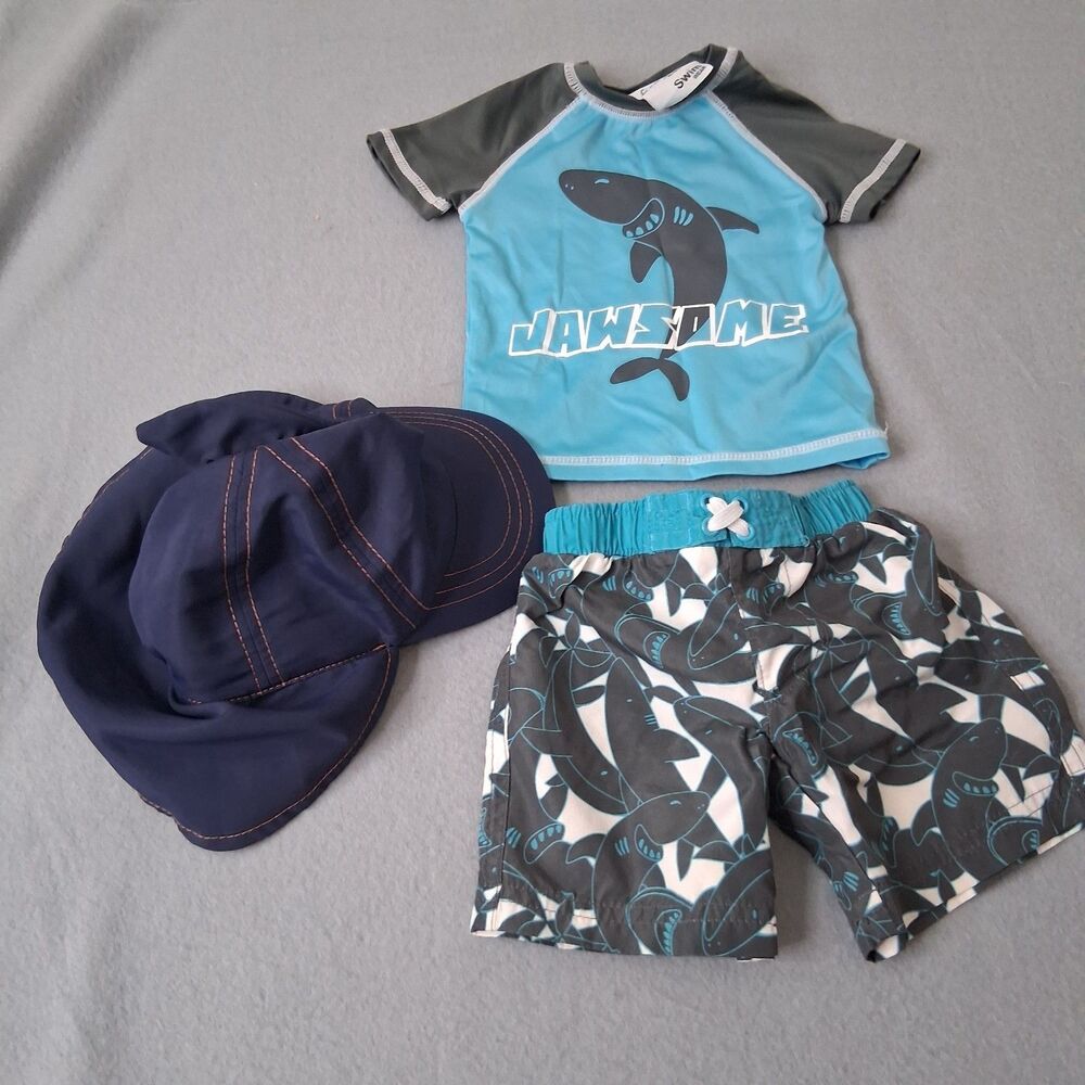 Baby Boy Size 6m Swim Set Freestyle Revolution Shark Jaws Trunks Shirt Hat Fin